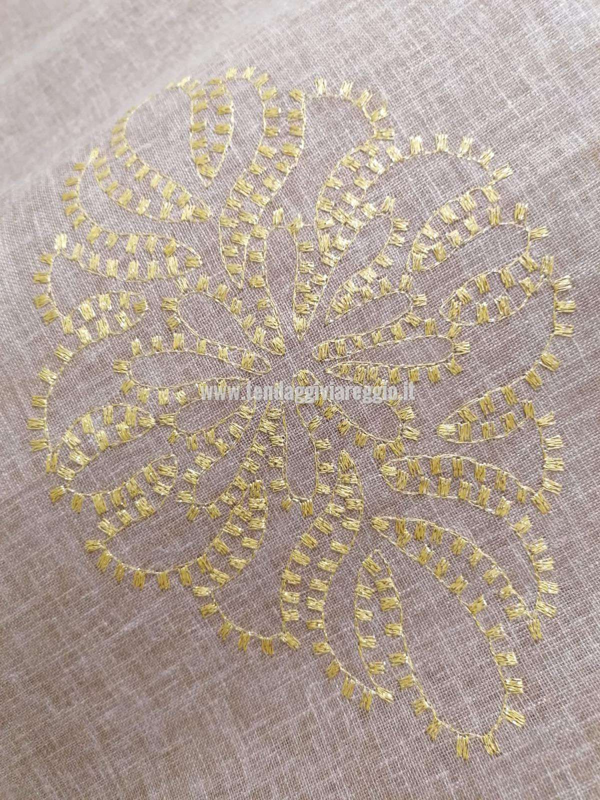 Ricamo oro in filato lurex su misto lino 50% tabacco modello CLEMENTINE
