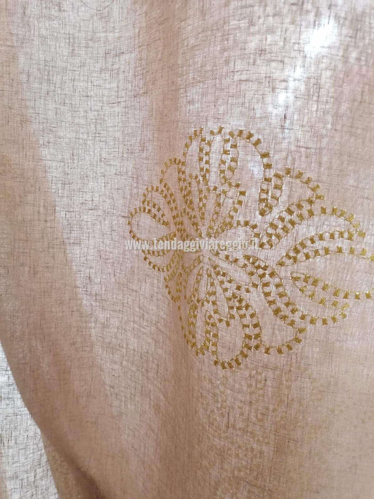 Ricamo oro in filato lurex su misto lino 50% tabacco modello CLEMENTINE