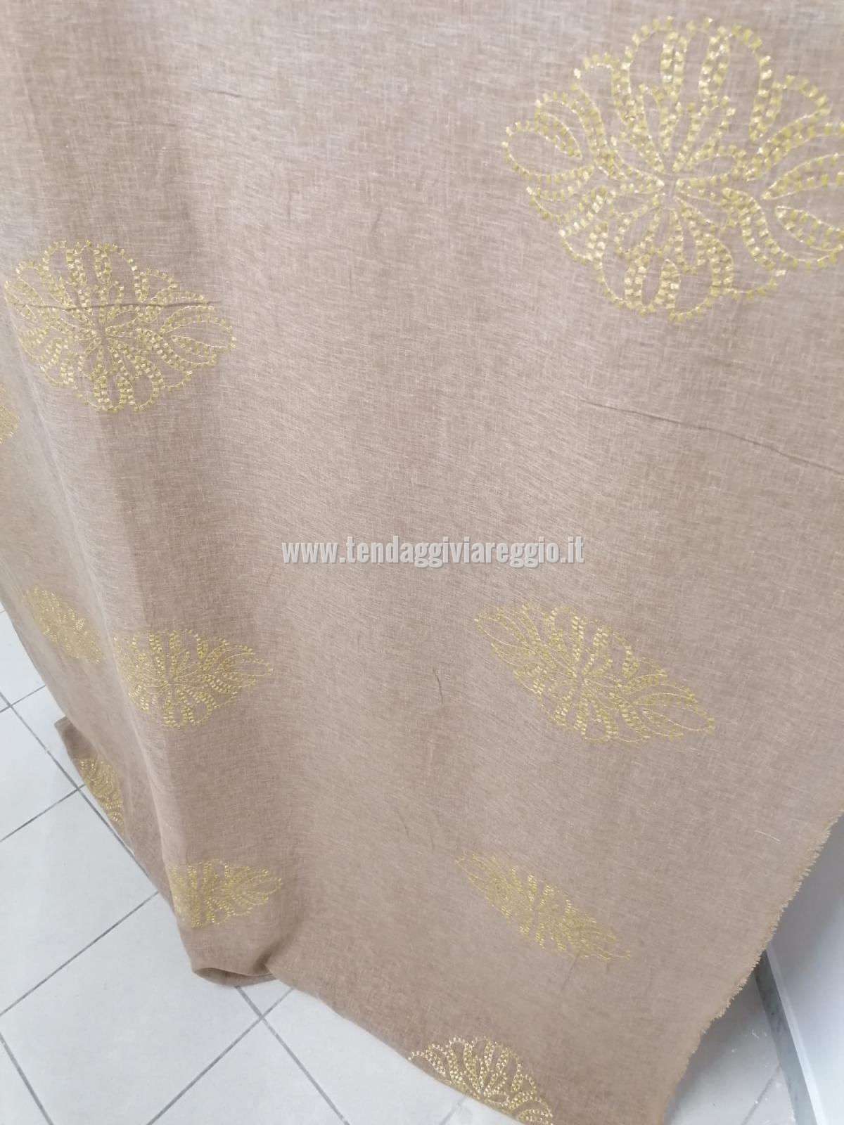 Ricamo oro in filato lurex su misto lino 50% tabacco modello CLEMENTINE