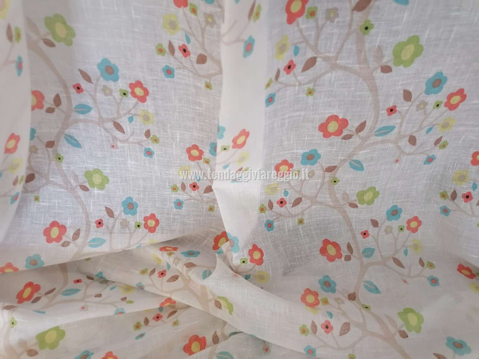 Tenda ALBERO IN FIORE realizzata su misto lino (ultimi 4 mt)